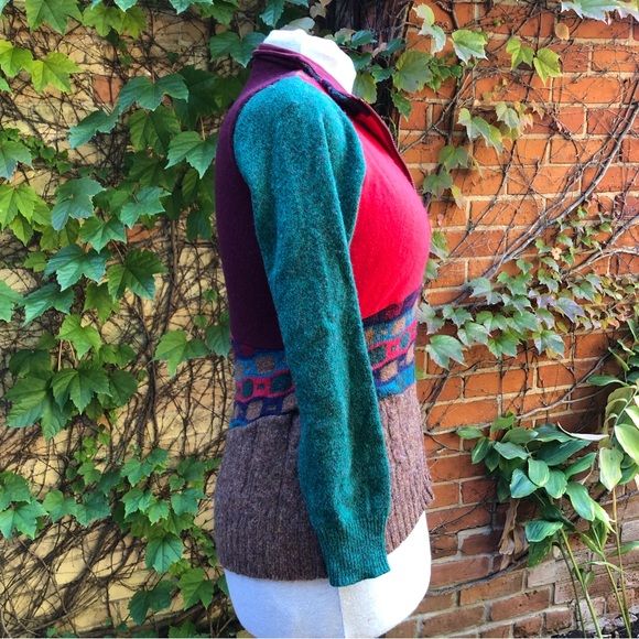 Retro Inspired Patchwork Sweater Red Green Medium Embody Zip Up - Picture 2 of 7